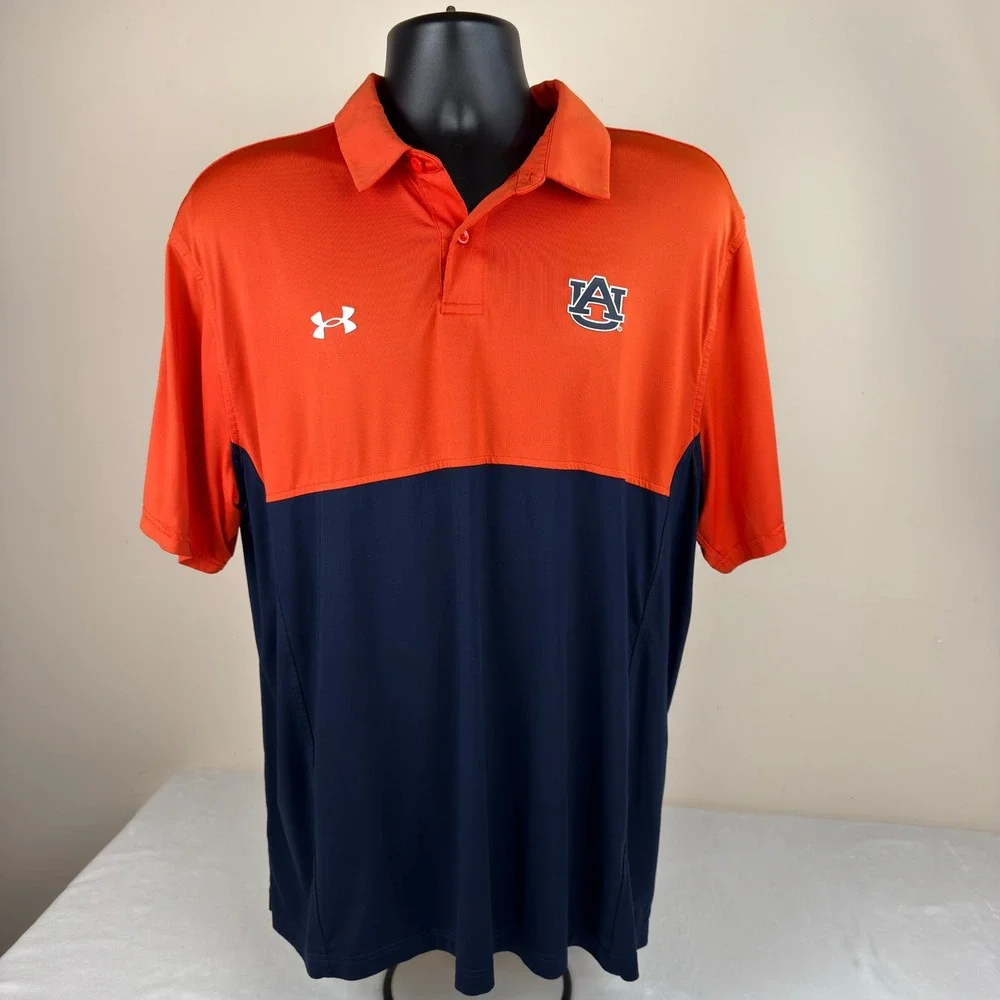 Under Armour Auburn Tigers Colorblock Polo Shirt Mens XL Orange Navy HeatGear - Picture 2 of 8